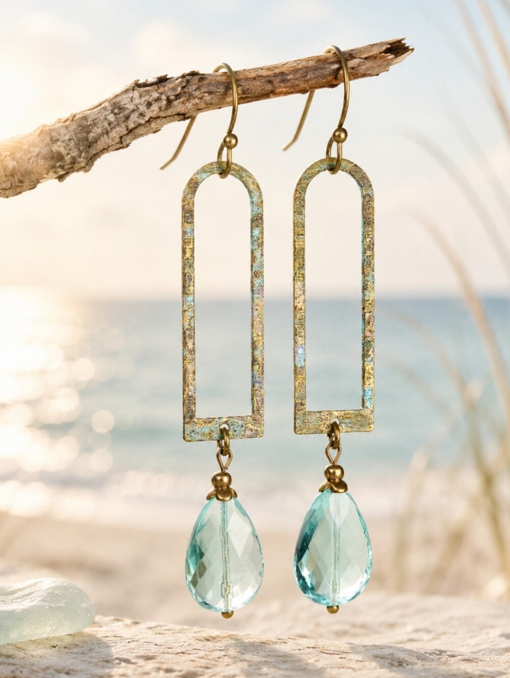 Brass Arch Earrings Aqua Faceted Glass Teardrop Coastal Minimalist Hand Crafted